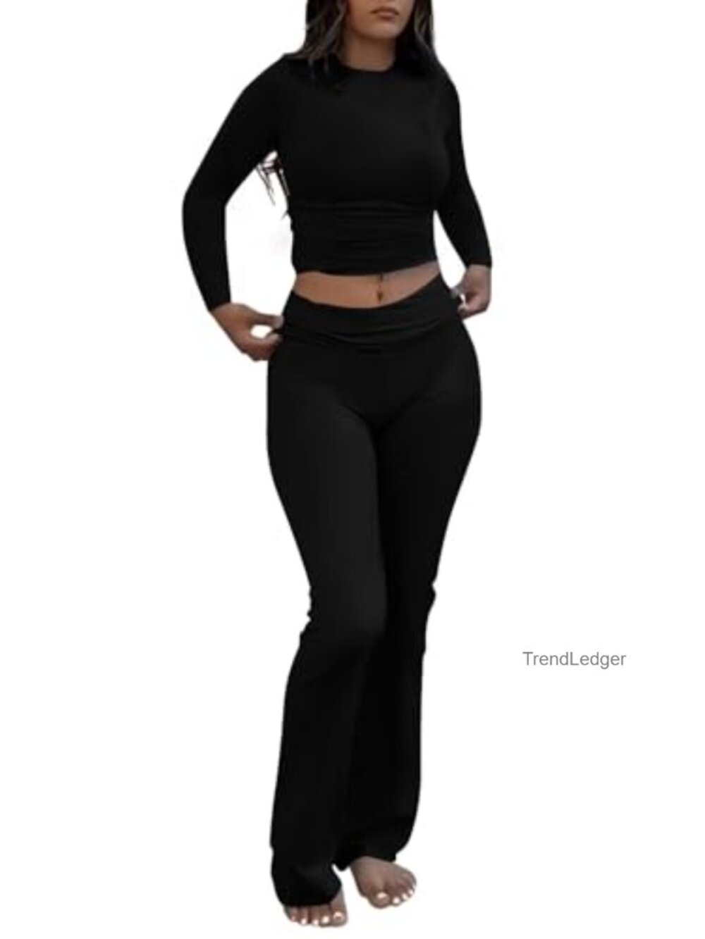 2 Piece Lounge Set Fitted Long Sleeve Tee Foldover Flare Pants High Stretch